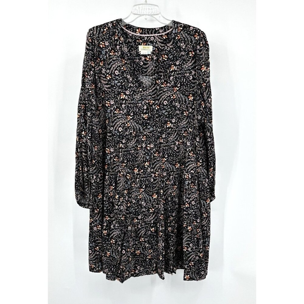 Floral Print Long Sleeve Swing Dress - Black